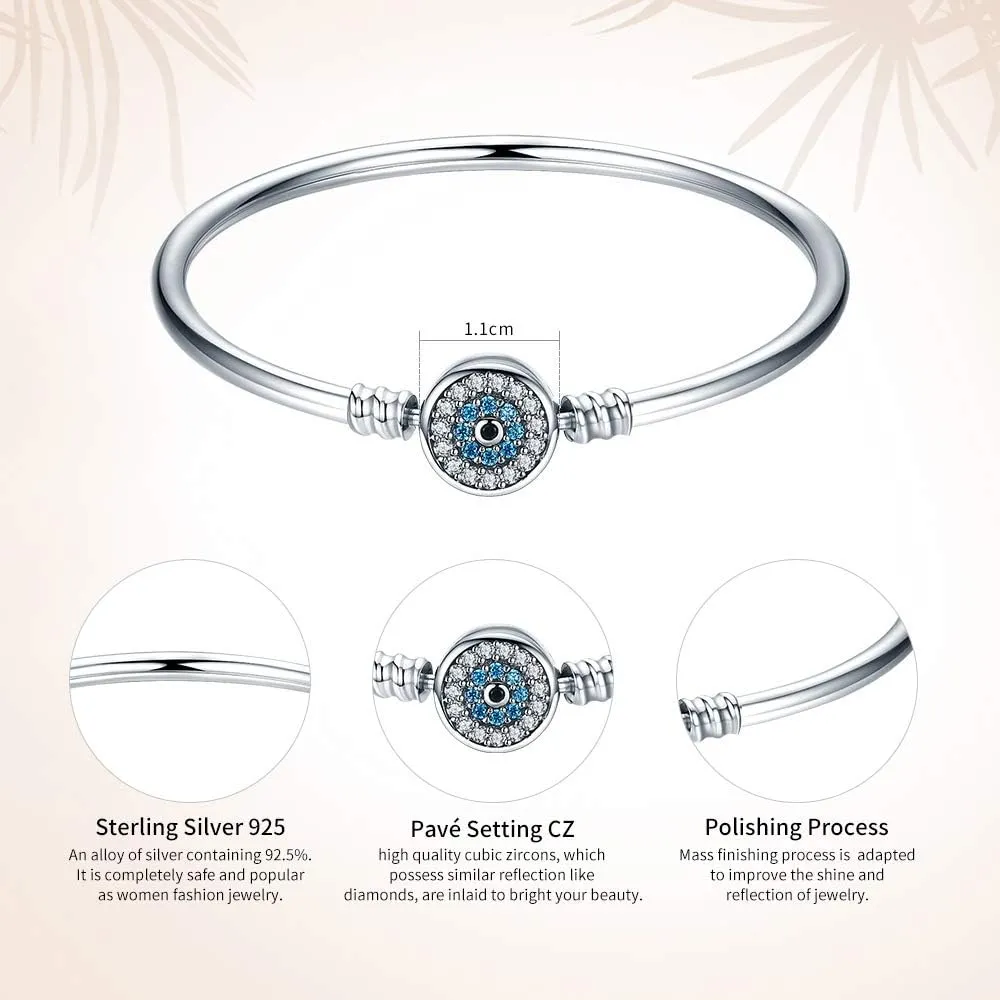 BISAER Evil Eye Bracelet Sterling Silver Clasp Charm Bangle Bracelet for Bead Charms with Sapphire Gemstones Evil Eye Clip Lock Stopper(17/19cm/ 21cm)