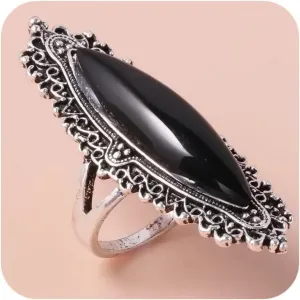 Black Retro Marcasite Rings for Women, 925 Silver Plated Fashion Cocktail Statement Rings Costume Vintage Crystal Big Onyx Stone Rings Turkish Style Black Gemstone Jewelry for Her Size 8#