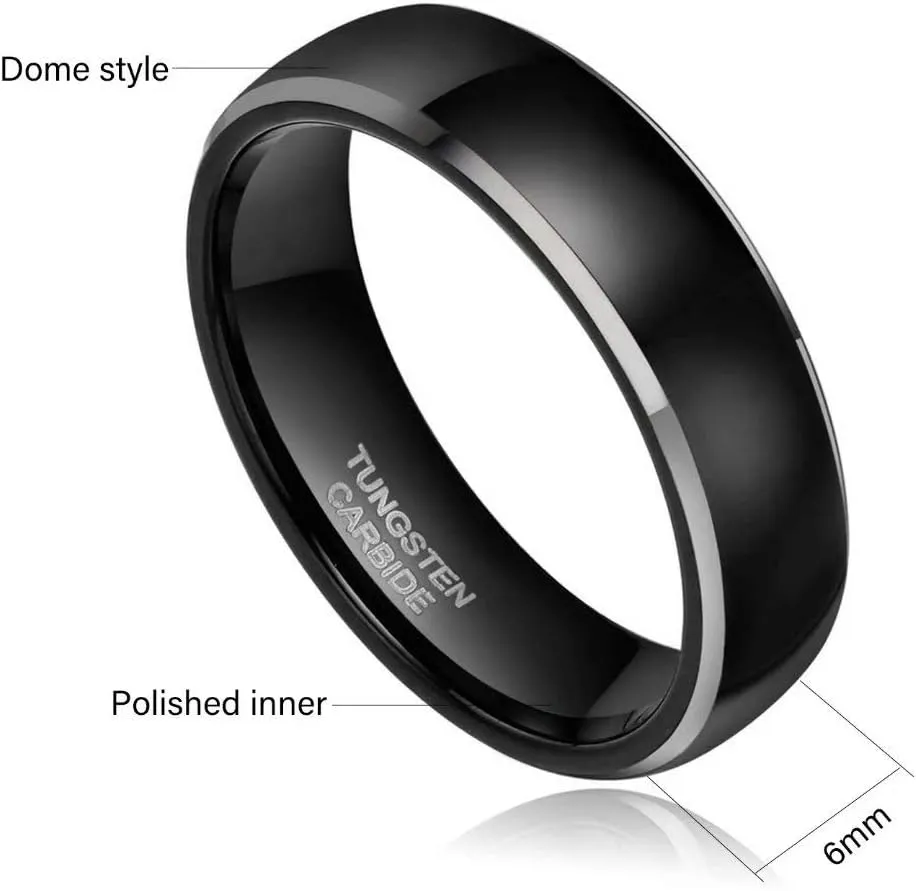 Black Rings for Men Women 6mm 8mm Tungsten Men's Wedding Band Flat Dome Engagement Promise Rings Comfort Fit Size 4-15