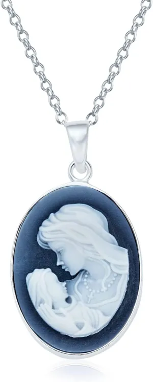 Bling Jewelry Classic Antique Vintage Style Blue Black White Carved Oval Simple Framed Victorian Lady Portrait Mother Cameo Pendant Necklace For Women Wife .925 Sterling Silver Customizable