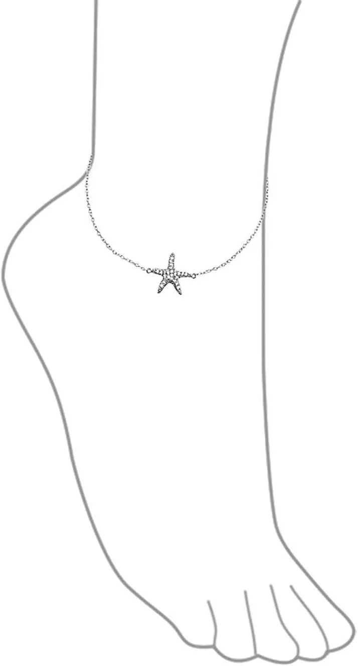 Bling Jewelry Vacation Beach CZ Nautical Starfish Anklet Ankle Bracelet For Women Teen .925 Sterling Silver 9-10 Inch Adjustable