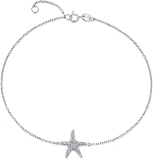 Bling Jewelry Vacation Beach CZ Nautical Starfish Anklet Ankle Bracelet For Women Teen .925 Sterling Silver 9-10 Inch Adjustable