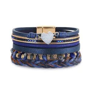 Blue Leather Bracelets for Women Trendy Stackable Sparkling Heart Bracelet Magnetic Wrap Bracelets Crystal Bead Bracelet Boho Bracelets Birthday Christmas Jewelry Gifts for Women Teens Girls