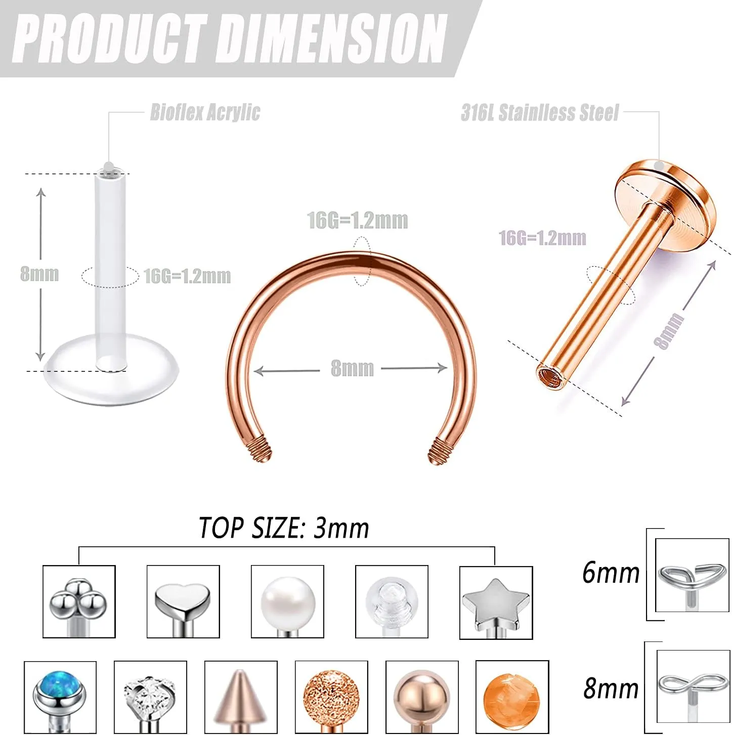 BodyAce 16G Lip Rings Labret Studs, Surgical Steel Cartilage Flat Back Earrings, CZ Vertical labret Lip Stud Piercing Jewelry for Medusa/Monroe/Tragus/Helix