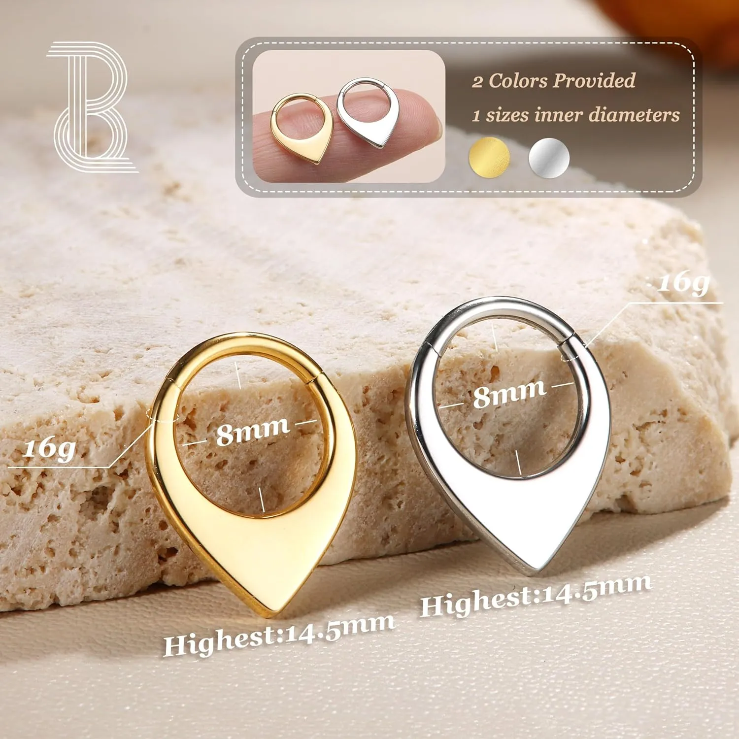 BodyBonita 16G Teardrop Septum Rings - G23 Titanium Nose Rings Hoops Seamless Hinged Cartilage Conch Daith Helix Rook Earrings Piercings Septum Jewelry for Women Men Gold/Silver/Black/Rose Gold