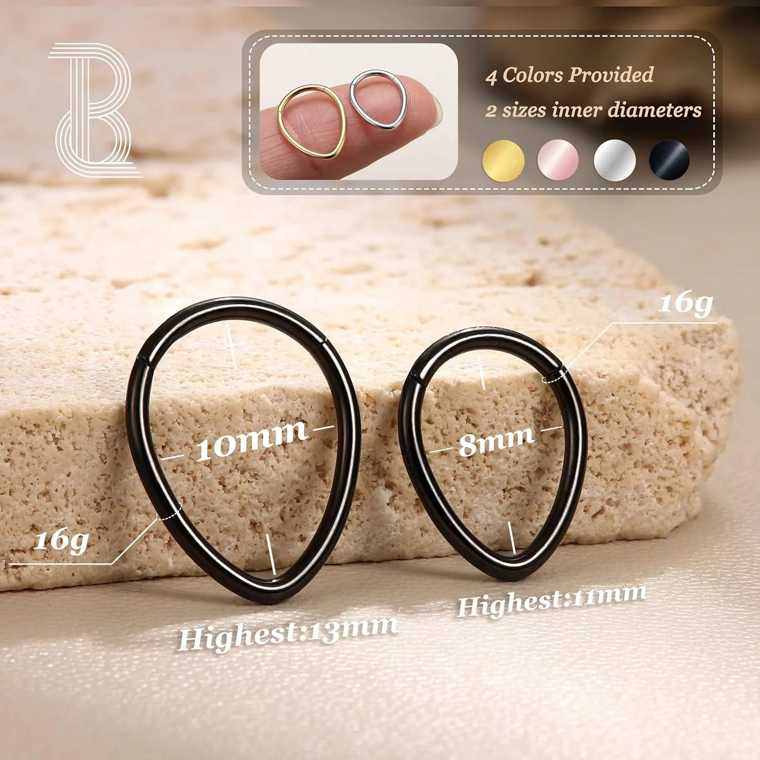 BodyBonita 16G Teardrop Septum Rings - G23 Titanium Nose Rings Hoops Seamless Hinged Cartilage Conch Daith Helix Rook Earrings Piercings Septum Jewelry for Women Men Gold/Silver/Black/Rose Gold