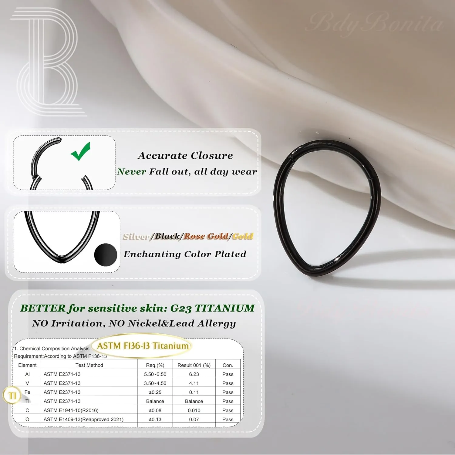 BodyBonita 16G Teardrop Septum Rings - G23 Titanium Nose Rings Hoops Seamless Hinged Cartilage Conch Daith Helix Rook Earrings Piercings Septum Jewelry for Women Men Gold/Silver/Black/Rose Gold