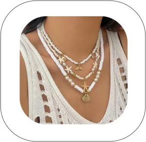 Bohemian Layered Shell Starfish Pearl Pendant Necklace Set Baroque Pearl Surfer Heishi Beaded Choker Summer Beach Jewelry Multilayered Statement Necklaces for omen