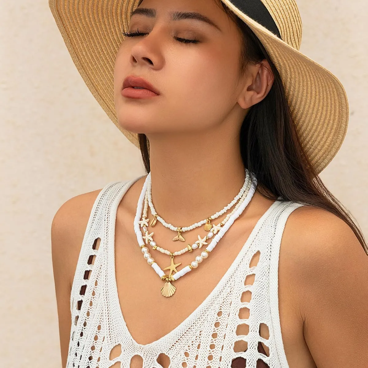 Bohemian Layered Shell Starfish Pearl Pendant Necklace Set Baroque Pearl Surfer Heishi Beaded Choker Summer Beach Jewelry Multilayered Statement Necklaces for omen