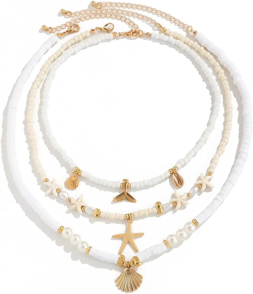 Bohemian Layered Shell Starfish Pearl Pendant Necklace Set Baroque Pearl Surfer Heishi Beaded Choker Summer Beach Jewelry Multilayered Statement Necklaces for omen