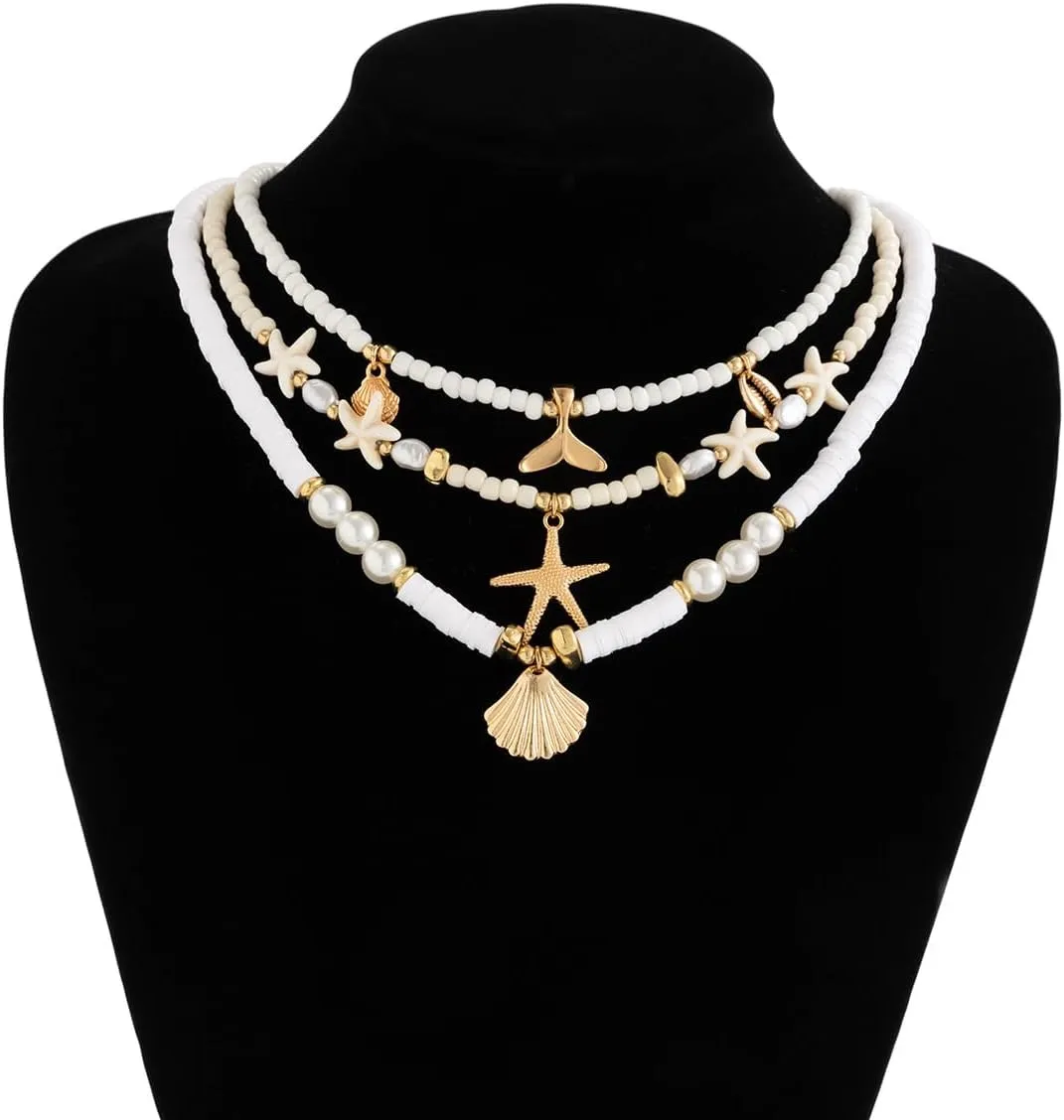 Bohemian Layered Shell Starfish Pearl Pendant Necklace Set Baroque Pearl Surfer Heishi Beaded Choker Summer Beach Jewelry Multilayered Statement Necklaces for omen