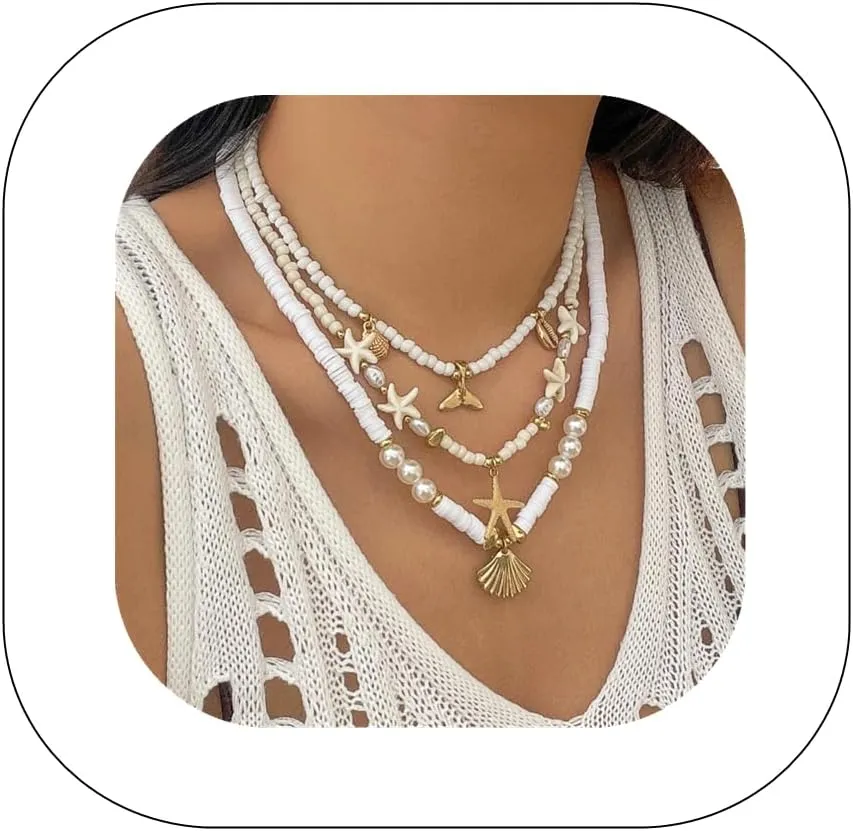 Bohemian Layered Shell Starfish Pearl Pendant Necklace Set Baroque Pearl Surfer Heishi Beaded Choker Summer Beach Jewelry Multilayered Statement Necklaces for omen