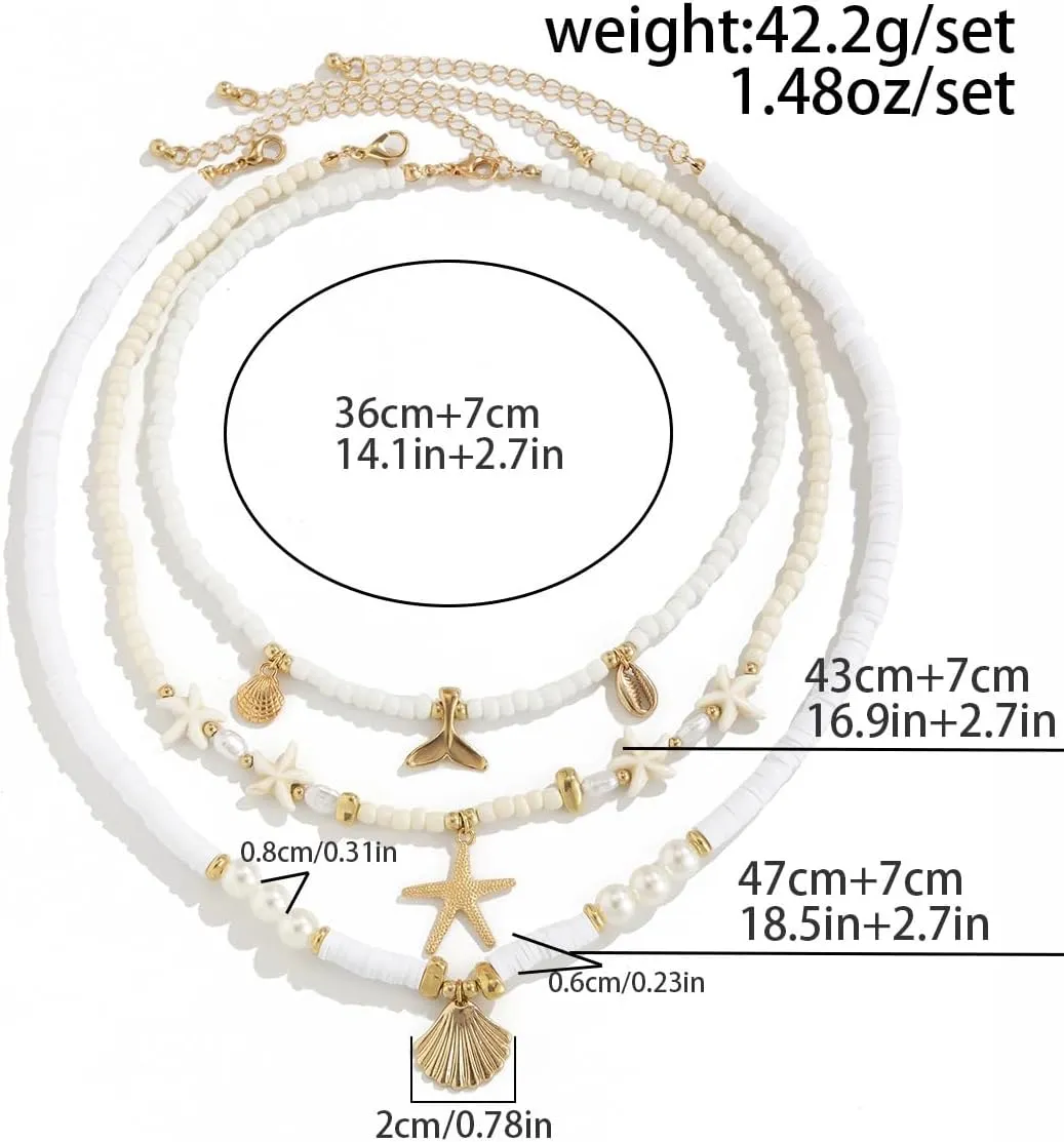 Bohemian Layered Shell Starfish Pearl Pendant Necklace Set Baroque Pearl Surfer Heishi Beaded Choker Summer Beach Jewelry Multilayered Statement Necklaces for omen