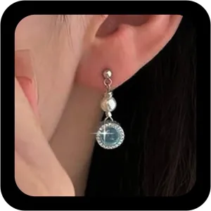 Bohemian Sapphire Pearl Dangle Earrings Blue Topaz Drop Earrings Round Pearl Crystal Stud Earrings Blue Gemstone Pearl Earrings Jewelry for Women