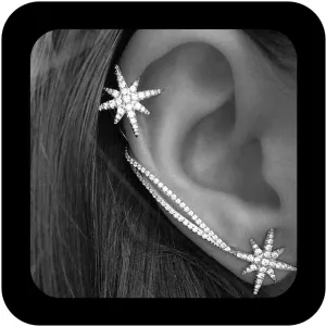 Boho Crystal Star Ear Cuff Earrings CZ Snowflake Stud Earrings Silver North Star Ear Climber Earrings Lucky Star Ear Wrap Earrings Asymmetrical Earrings Jewelry for Women