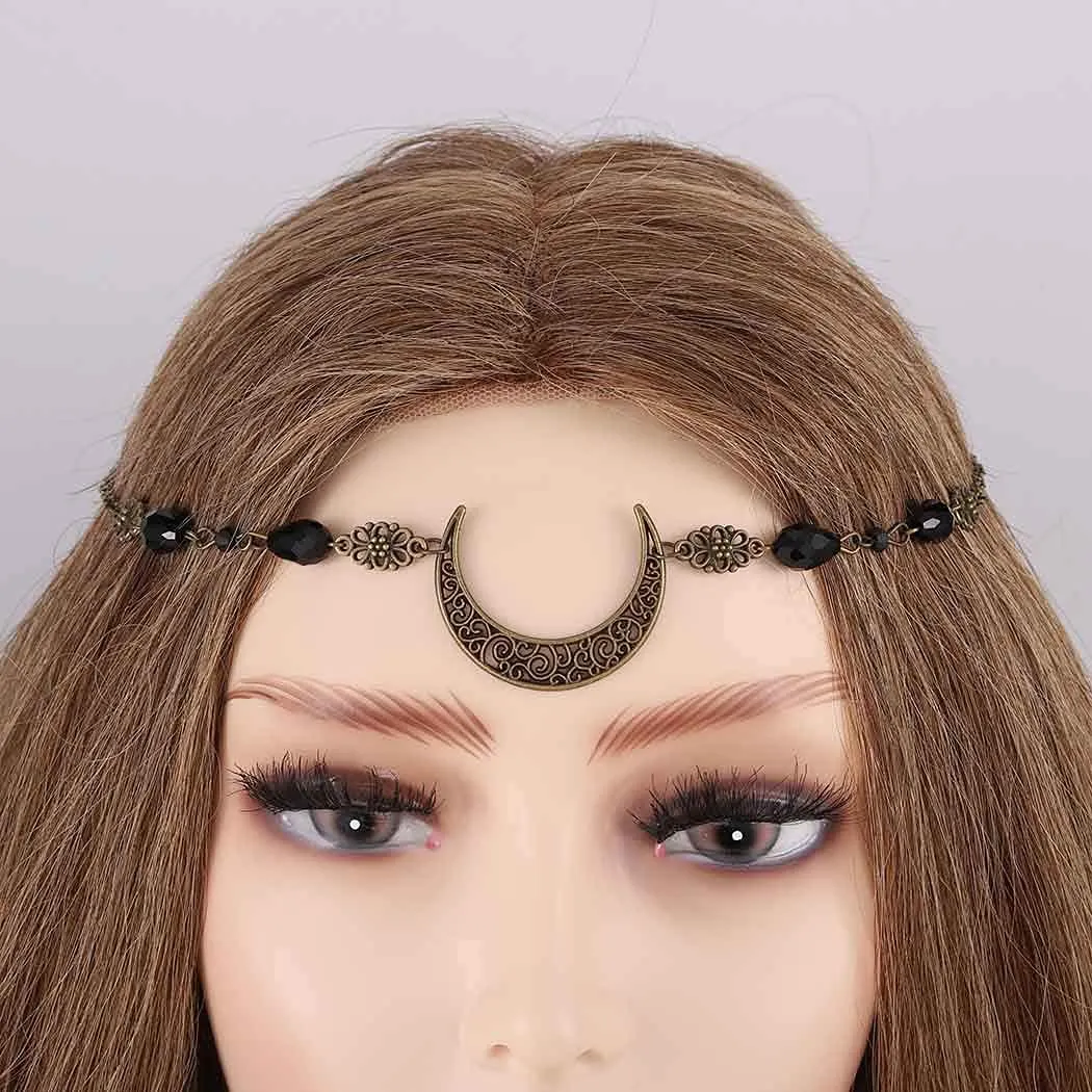 Boho Head Chain Crescent Head Jewelry Rhinestone Headpiece Moon Hair Chain Wedding Festival Hair Accessories for Women and Girls