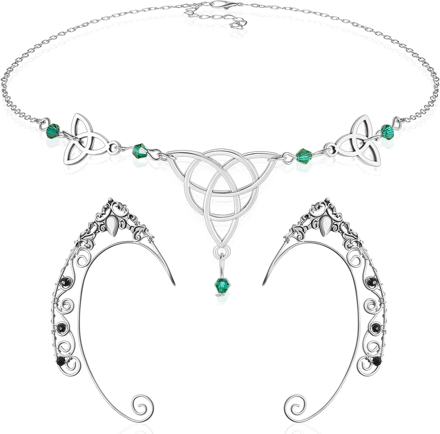 Boho Head Chain Elf Ear Cuffs Elf Fairy Earrings Jewelry Crystal Hair Chain Renaissance Headpiece Irish Headpieces Elven Ear Cuffs Clip on Filigree Earrings for Women Halloween Cosplay Costume