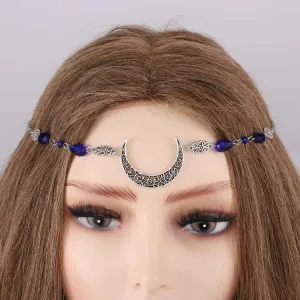 Boho Head Chain Jewelry Crescent Rhinestone Headpiece Flower Hollow Hair Chain Wedding Festival Hair Accessories for Women and Girls (Blue)