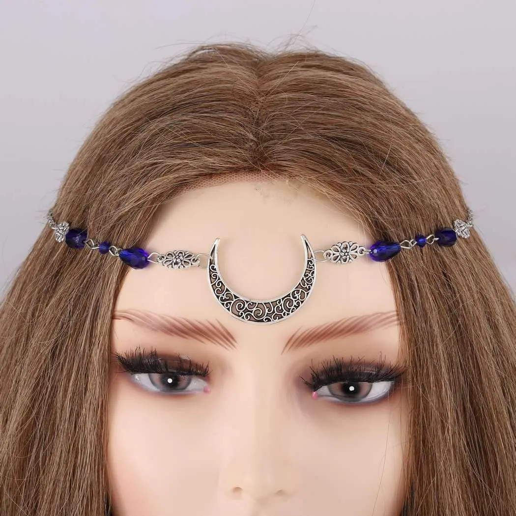 Boho Head Chain Jewelry Crescent Rhinestone Headpiece Flower Hollow Hair Chain Wedding Festival Hair Accessories for Women and Girls (Blue)
