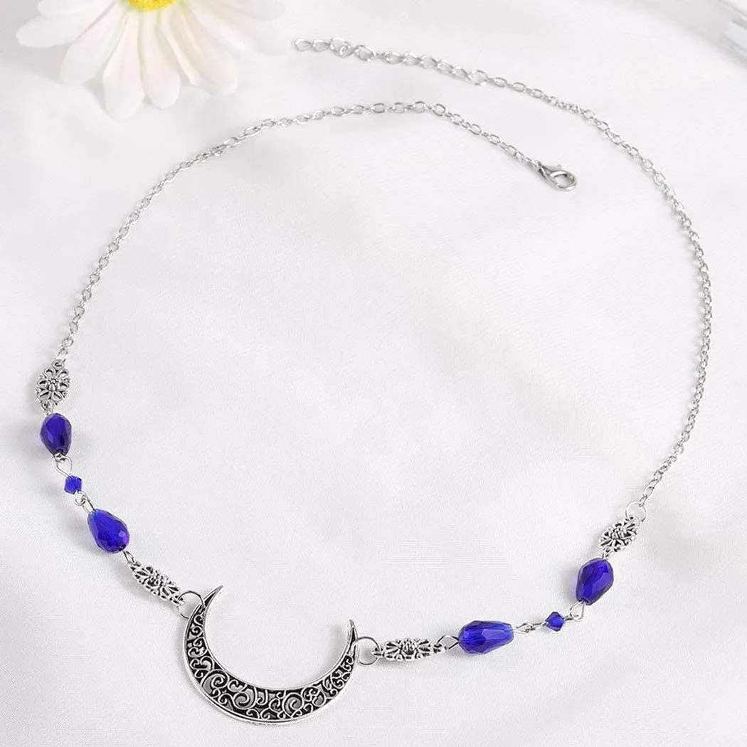 Boho Head Chain Jewelry Crescent Rhinestone Headpiece Flower Hollow Hair Chain Wedding Festival Hair Accessories for Women and Girls (Blue)
