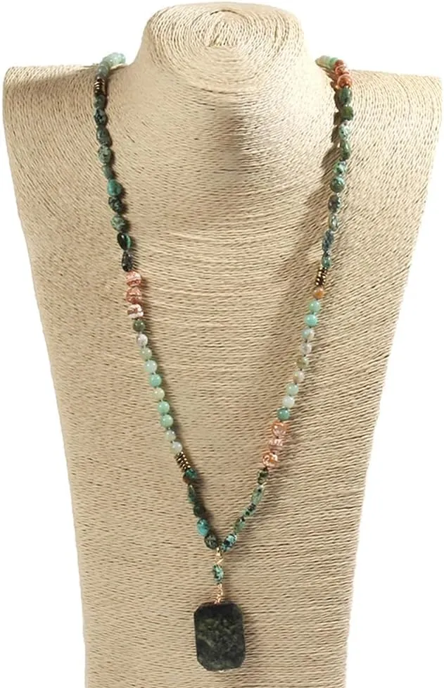Boho Necklaces for Women/Men Trendy,32/35/36 Inch Natural Stone Beaded Long Pendant Necklaces for Womens,Handmade Bohemian Fashion Chakra Chunky Statement Charm Necklace Jewelry Gift
