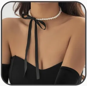 Boho Pearl Bow Choker Necklace Black Velvet Long Ribbon Bow Collarbone Chain Vintage Pearl Beaded Choker Necklace Birthday Party Jewelry for Women