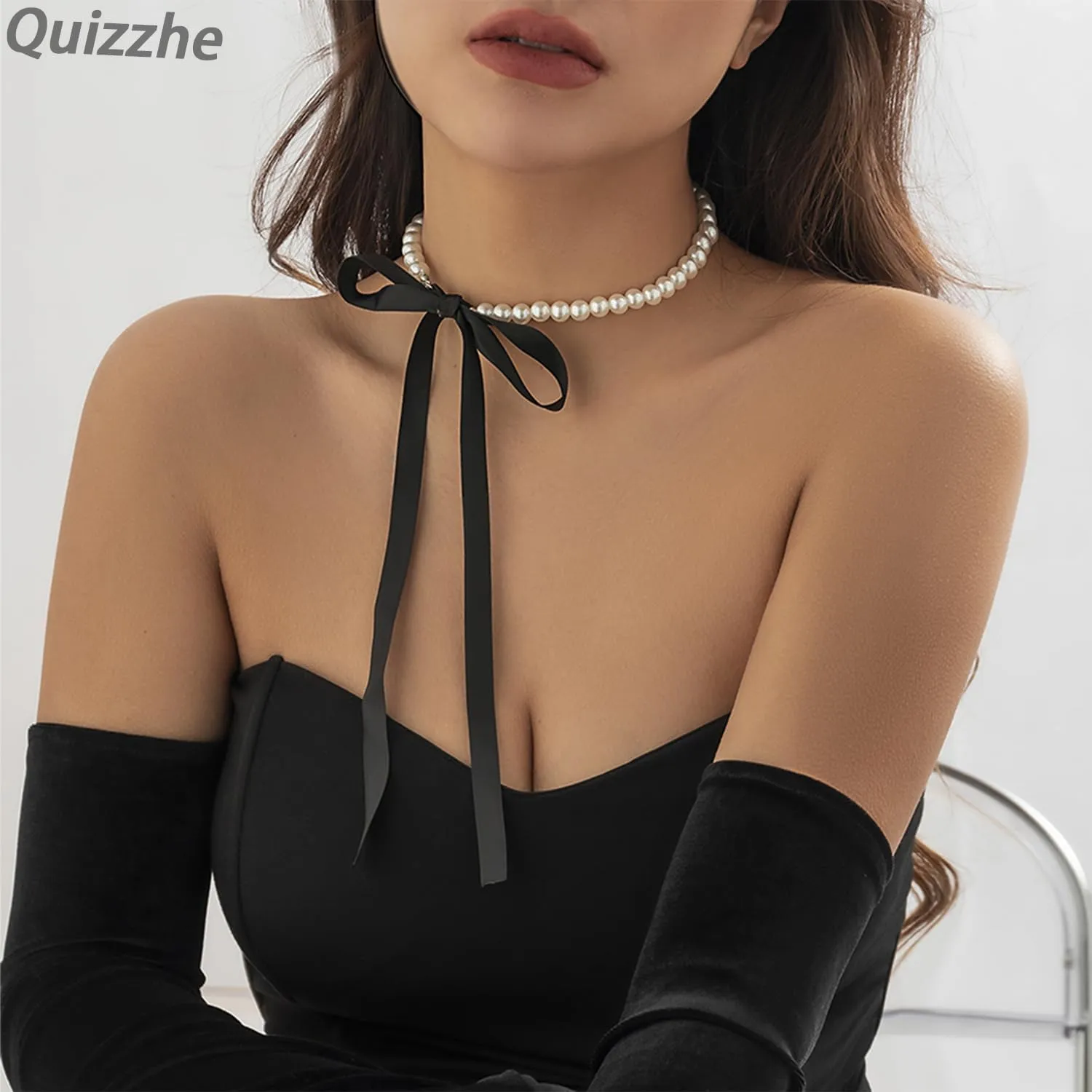 Boho Pearl Bow Choker Necklace Black Velvet Long Ribbon Bow Collarbone Chain Vintage Pearl Beaded Choker Necklace Birthday Party Jewelry for Women