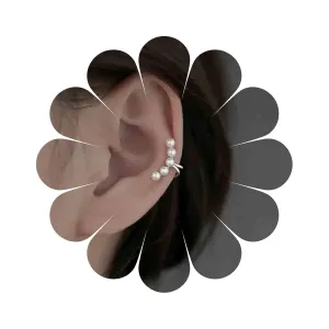 Boho Pearl Clip On Earrings Silver Pearl Ear Cuffs Earrings Vintage Pearl Clip Earrings No Piercing Cartilage Pearl Earrings Jewelry for Women (Silver)