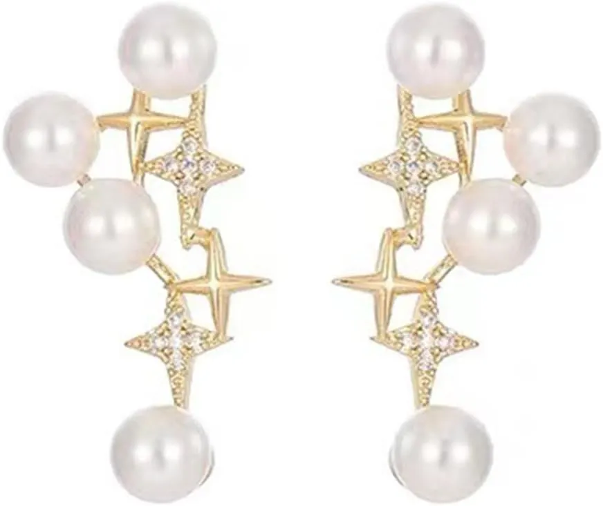 Boho Pearl Dangle Earrings Crystal Star Earrings Pearl Stud Earrings Pearl Bead Earrings Bridal Wedding Pearl Earrings Jewelry for Women and Teen Gifts