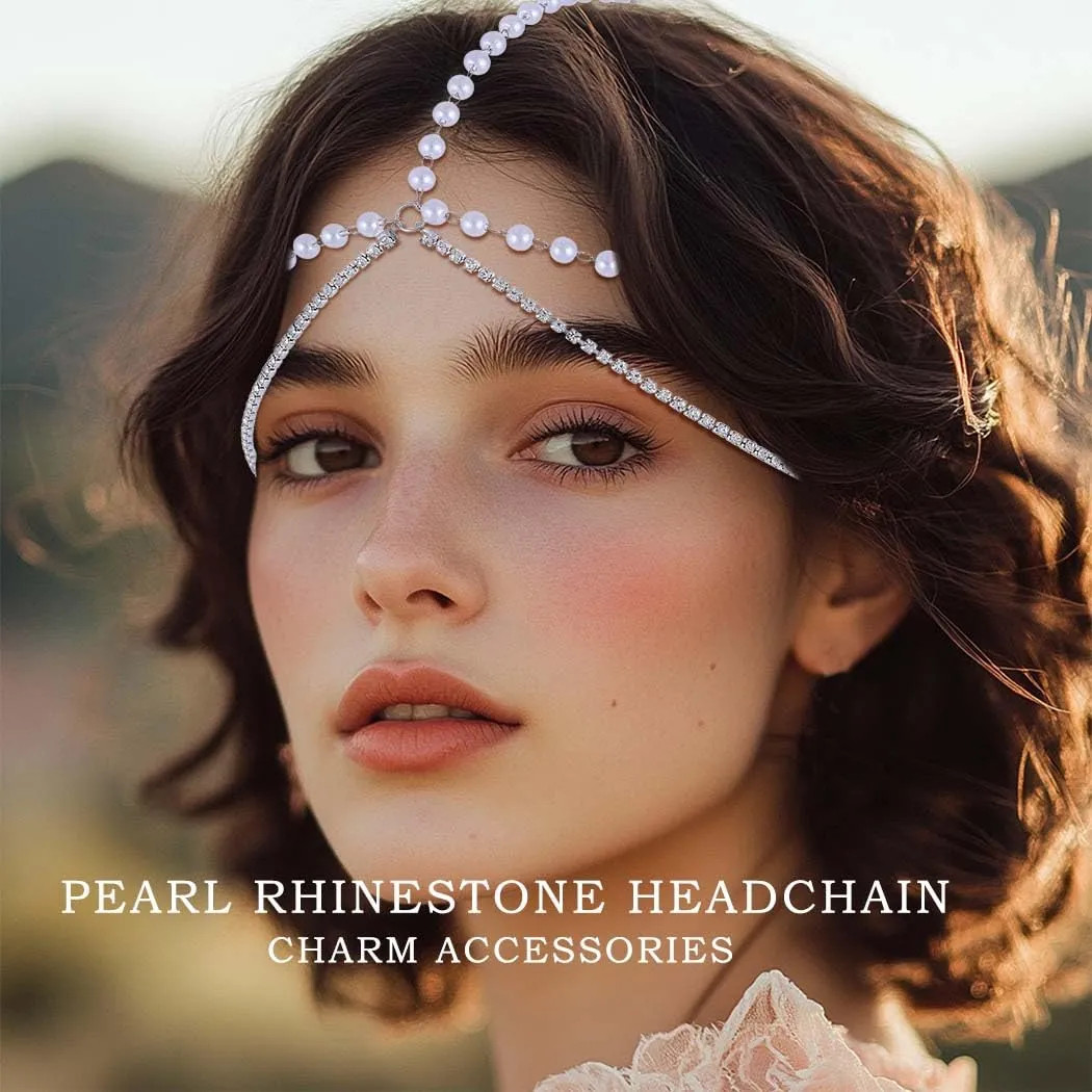 Boho Pearl Head Chain Jewelry Crystal Headpieces Wedding Rhinestone Headband Hair Accessories for Women (Silver)