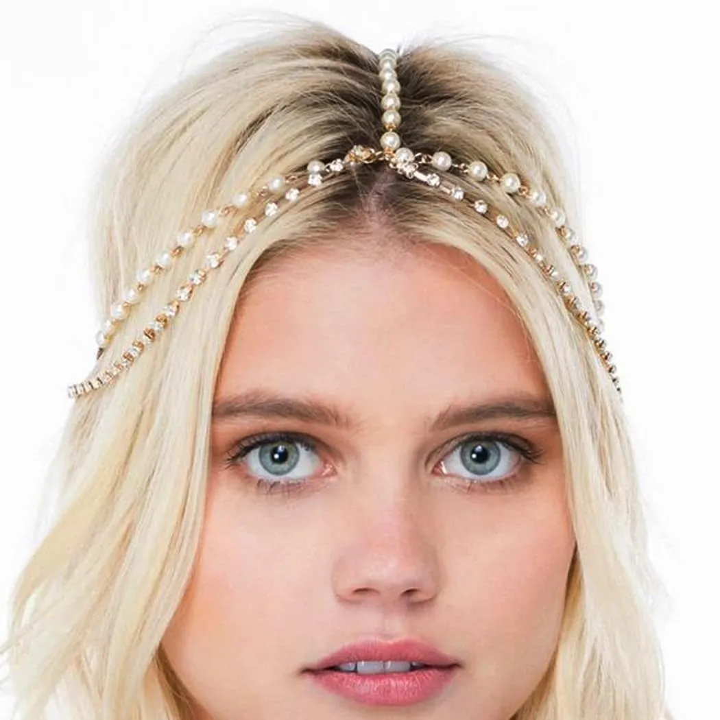 Boho Pearl Head Chain Vintage Crystal Headpieces Wedding Rhinestone Hair Jewelry Party Festival Hair Accessories for Women and Girls (Gold)