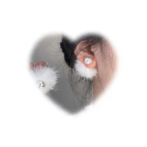 Boho Pearl Jacket Earrings White Hairball Earrings Pearl Stud Earrings Personalized Winter Earrings Two Ways Front Back Earrings Jewelry for Women and Girls Gifts