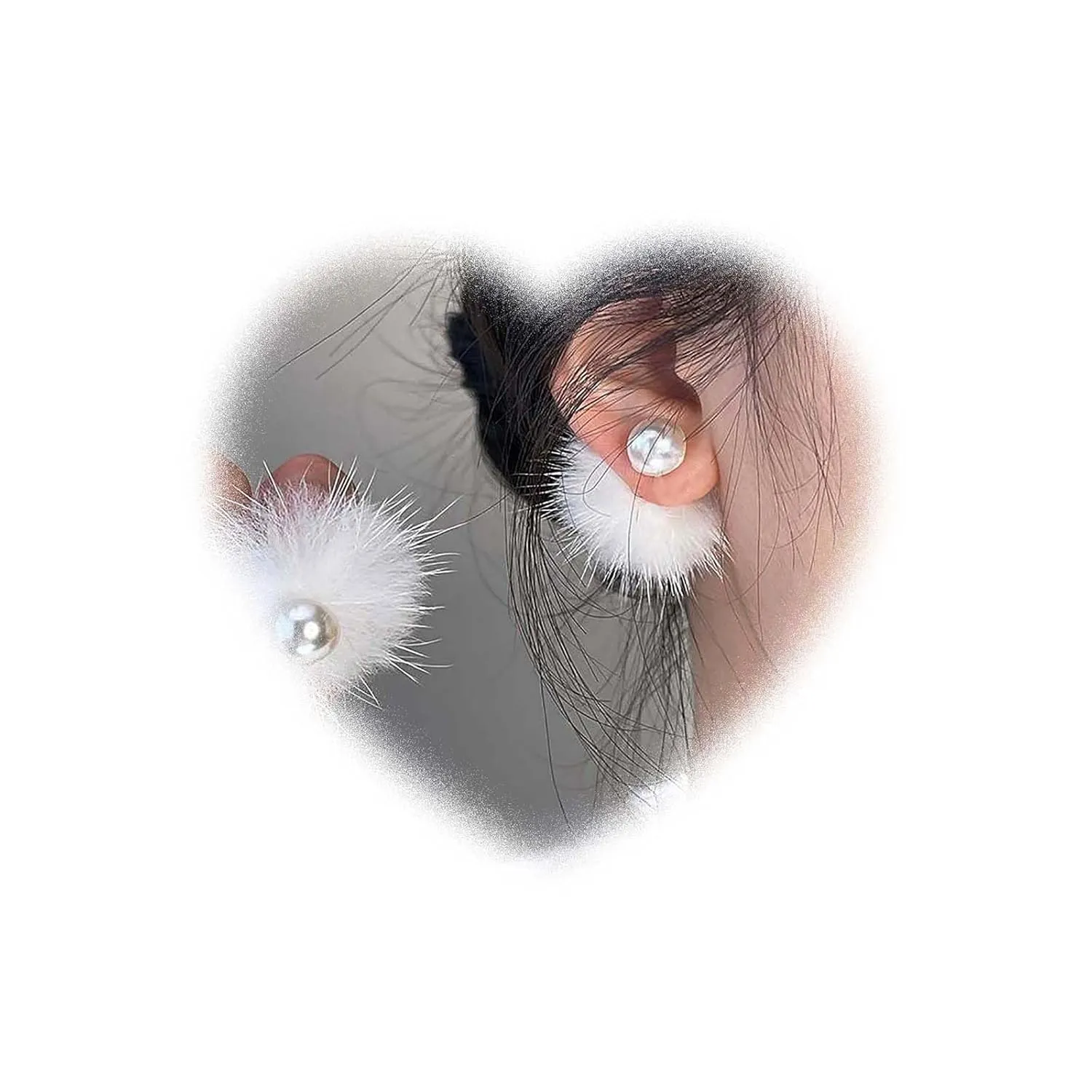 Boho Pearl Jacket Earrings White Hairball Earrings Pearl Stud Earrings Personalized Winter Earrings Two Ways Front Back Earrings Jewelry for Women and Girls Gifts