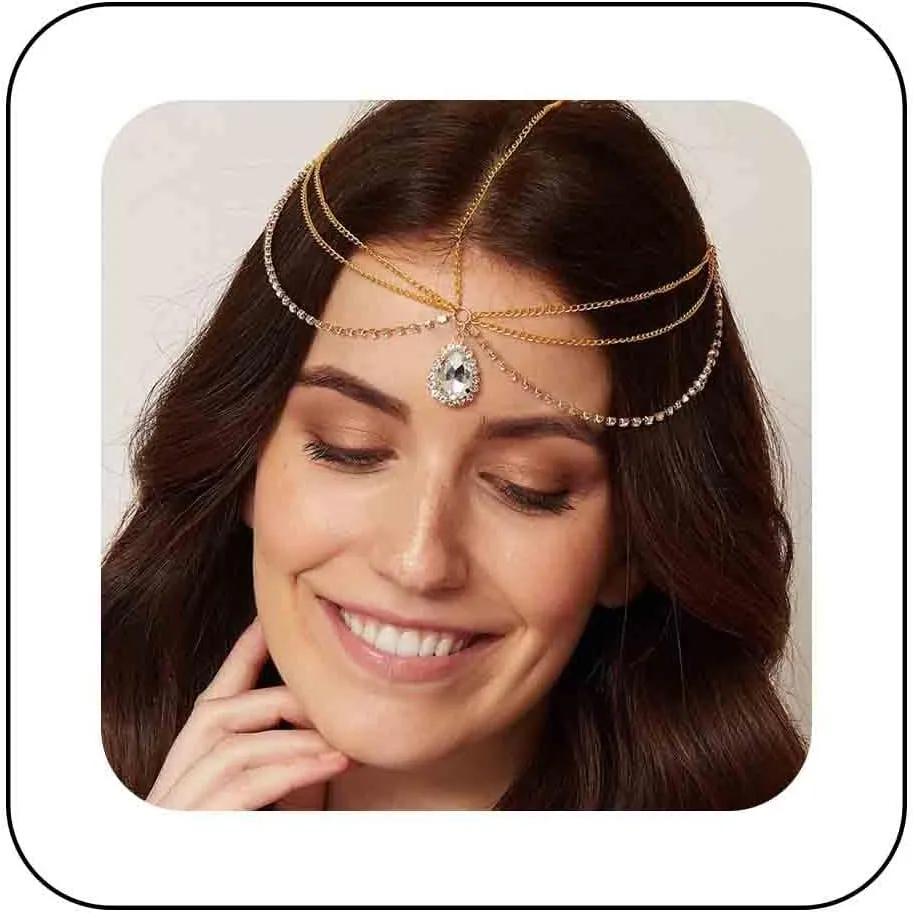 Boho Rhinestone Layered Head Chain Gold Crystal Pendant Headband Chain Cz Tassel Hair Chain Bridal Headdress Prom Party Festival Head Chain Jewelry for Women and Girls
