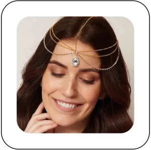 Boho Rhinestone Layered Head Chain Gold Crystal Pendant Headband Chain Cz Tassel Hair Chain Bridal Headdress Prom Party Festival Head Chain Jewelry for Women and Girls