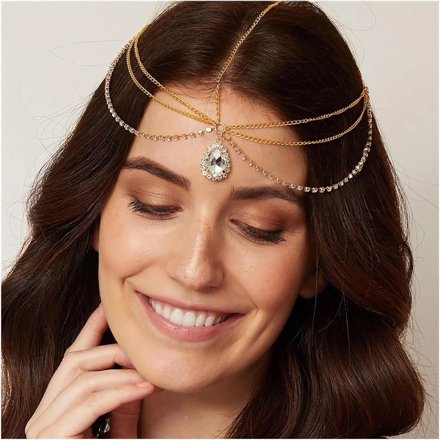 Boho Rhinestone Layered Head Chain Gold Crystal Pendant Headband Chain Cz Tassel Hair Chain Bridal Headdress Prom Party Festival Head Chain Jewelry for Women and Girls
