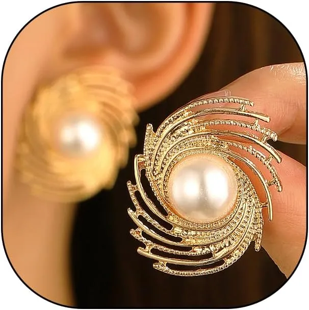Boho Twisted Spiral Pearl Stud Earrings for Women Fashion Gold Swirls Statement Earrings Silver Beaded Earrings Wedding Bridal Jewelry
