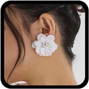 Boho White Flower Stud Earrings Big Pearl Flower Earrings Bridal Floral Stud Earrings Pearl Floral Earrings Pearl Petal Earrings Jewelry for Women