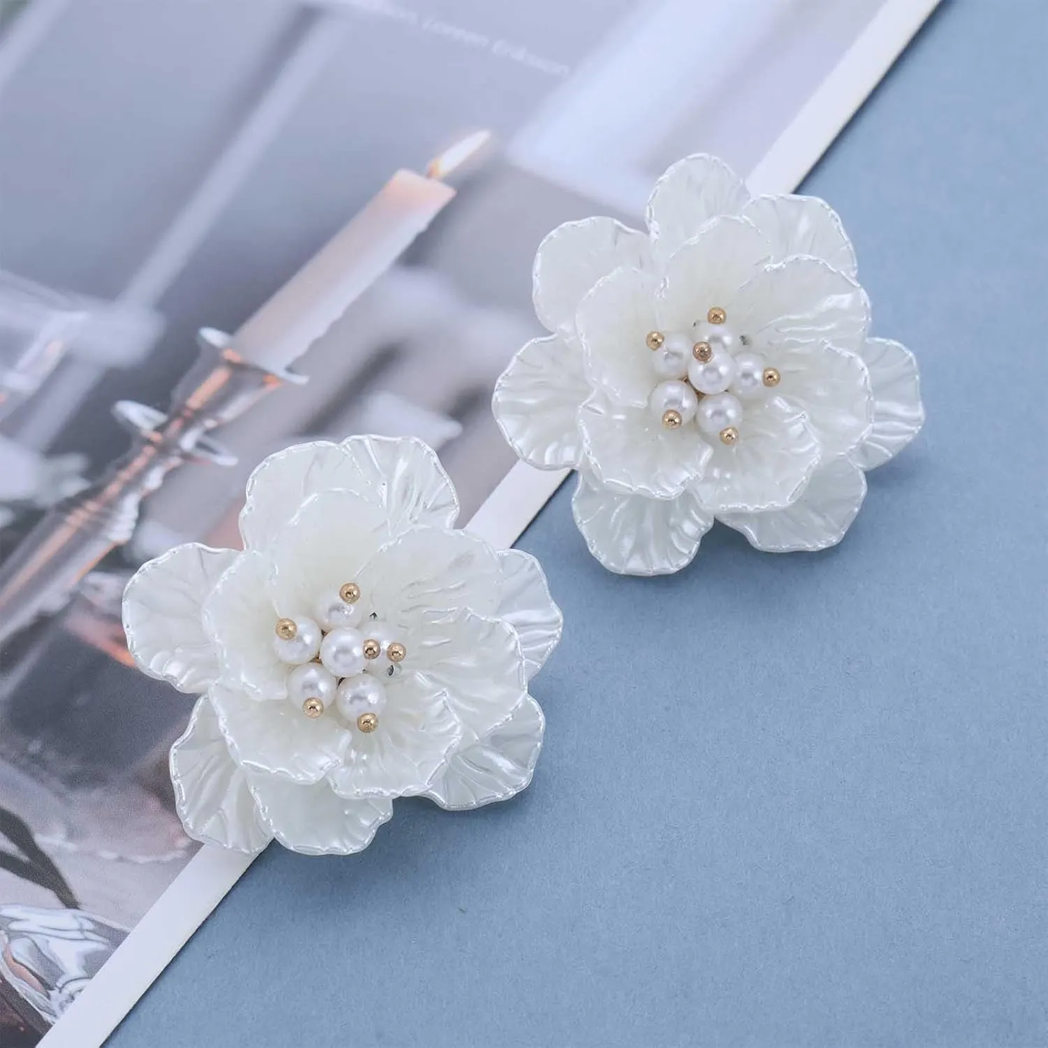 Boho White Flower Stud Earrings Big Pearl Flower Earrings Bridal Floral Stud Earrings Pearl Floral Earrings Pearl Petal Earrings Jewelry for Women