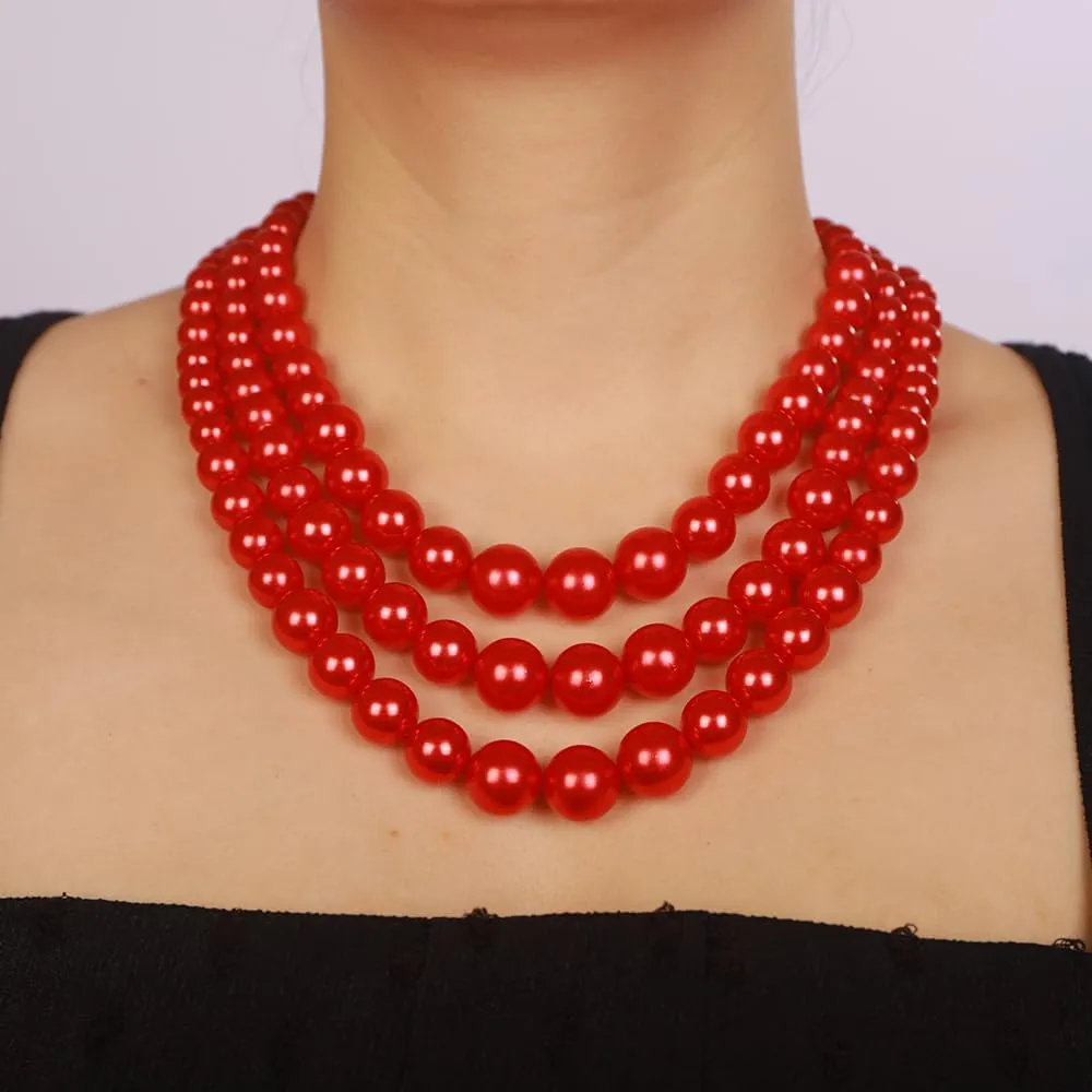 Boho Women Multilayer 1920s Necklace Red Black Gold Dainty Pearls Layered Choker Necklaces Handmade Beads Fashion Chunky Pendant Multilayer Adjustable Layering Chain Necklaces Set for Women