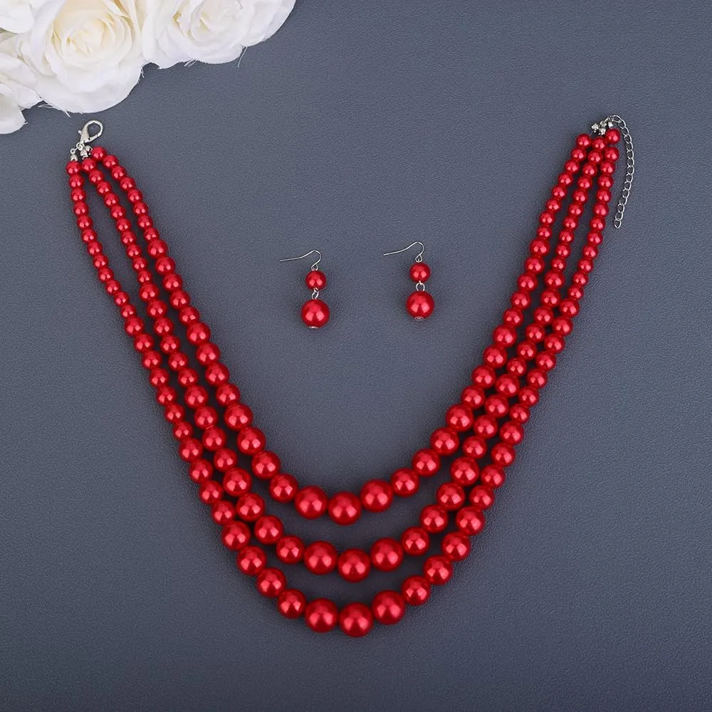 Boho Women Multilayer 1920s Necklace Red Black Gold Dainty Pearls Layered Choker Necklaces Handmade Beads Fashion Chunky Pendant Multilayer Adjustable Layering Chain Necklaces Set for Women
