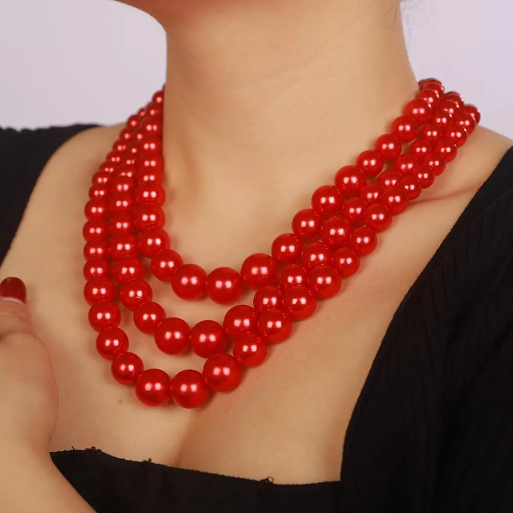 Boho Women Multilayer 1920s Necklace Red Black Gold Dainty Pearls Layered Choker Necklaces Handmade Beads Fashion Chunky Pendant Multilayer Adjustable Layering Chain Necklaces Set for Women