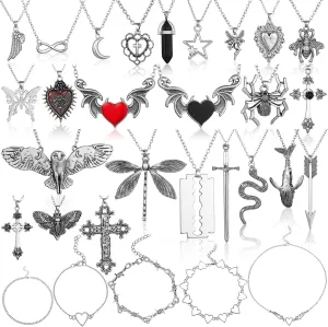 Bonuci 30 Pieces Grunge Necklace Set Goth Cross Necklace Y2K Necklet Punk Rock Vintage Harajuku Gothic Feather Chain Choker Necklet Jewelry Costume Accessories(Classic Style)