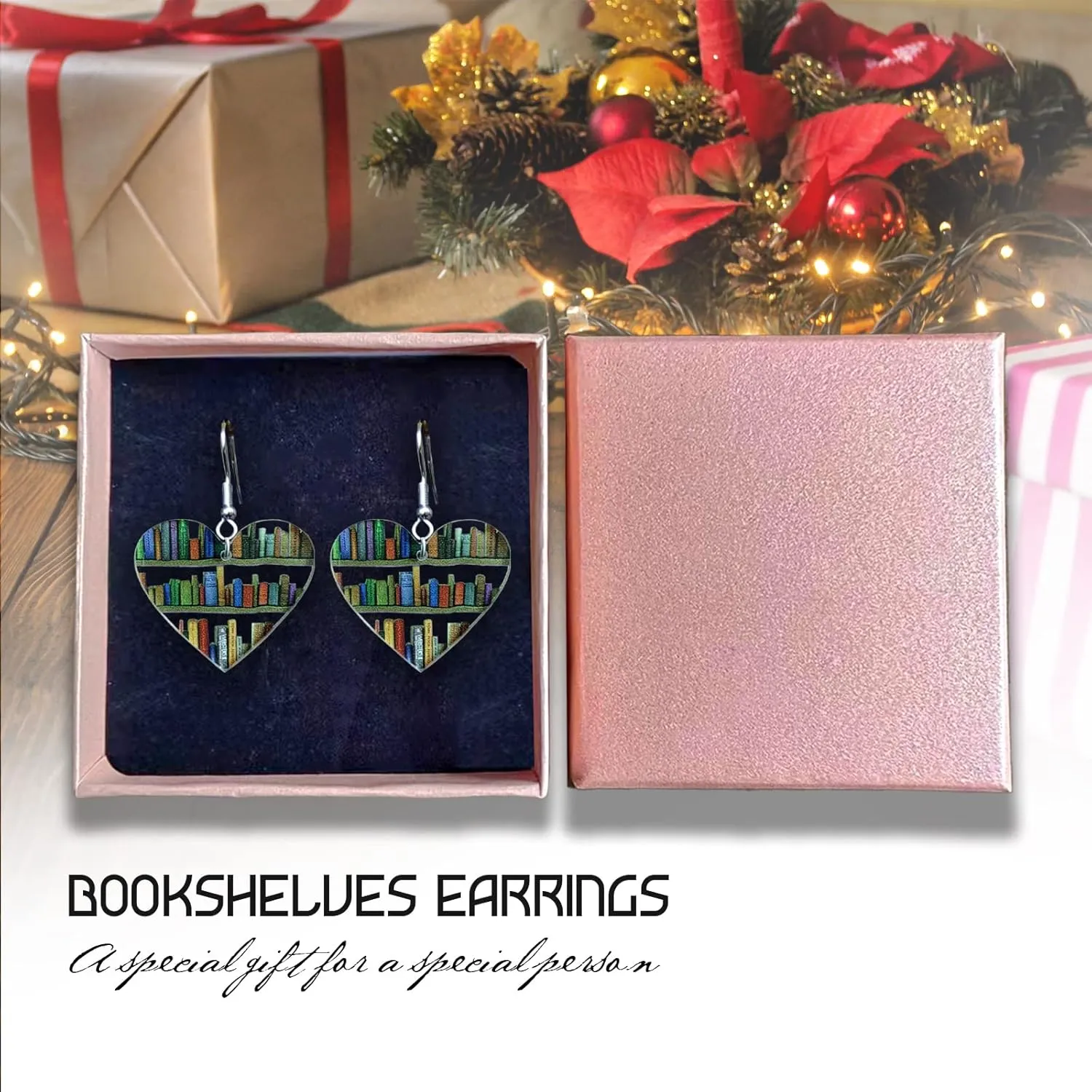 Bookcase Dangle Earrings for Women Teardrop Dangle Earrings with Book Shelves Patterned Acrylic Gifts for Women Girls (heart)