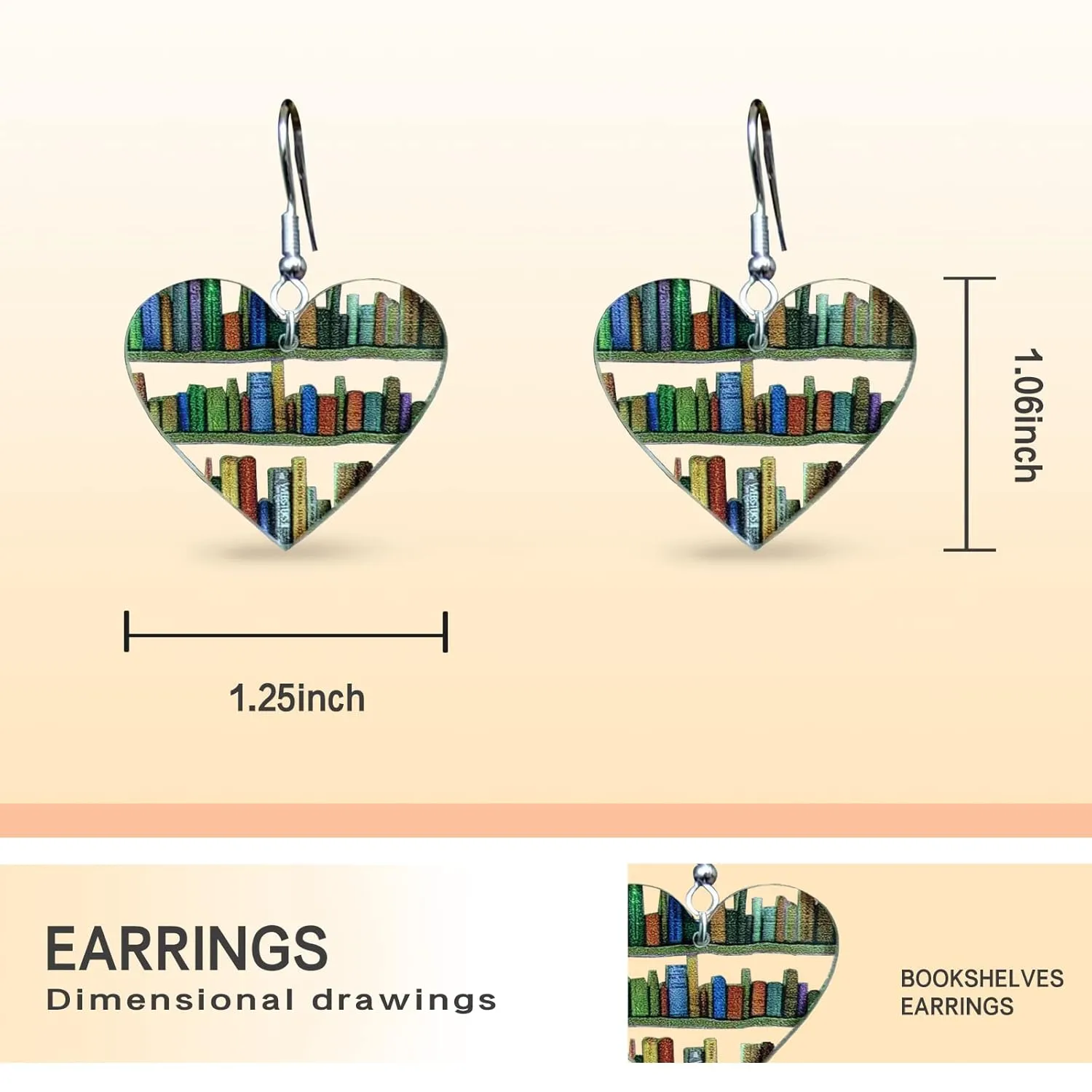 Bookcase Dangle Earrings for Women Teardrop Dangle Earrings with Book Shelves Patterned Acrylic Gifts for Women Girls (heart)