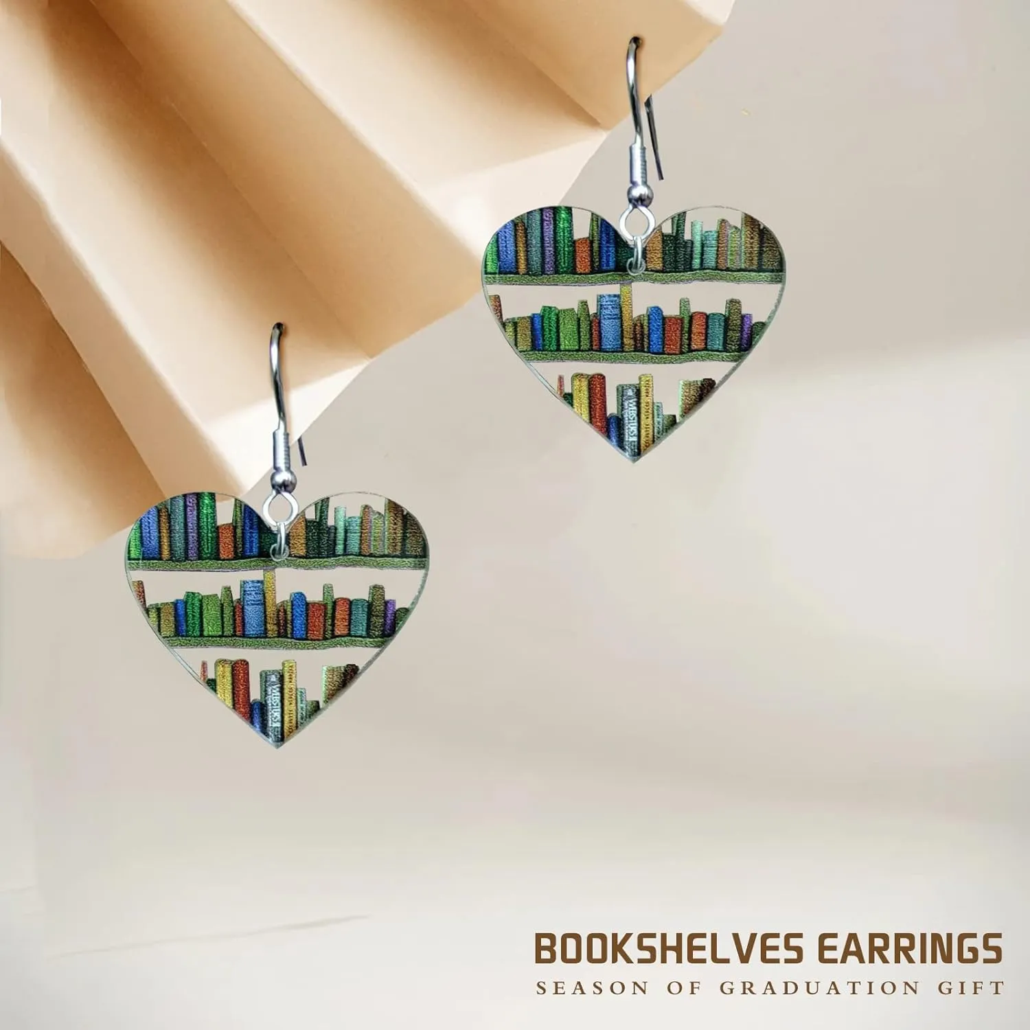 Bookcase Dangle Earrings for Women Teardrop Dangle Earrings with Book Shelves Patterned Acrylic Gifts for Women Girls (heart)