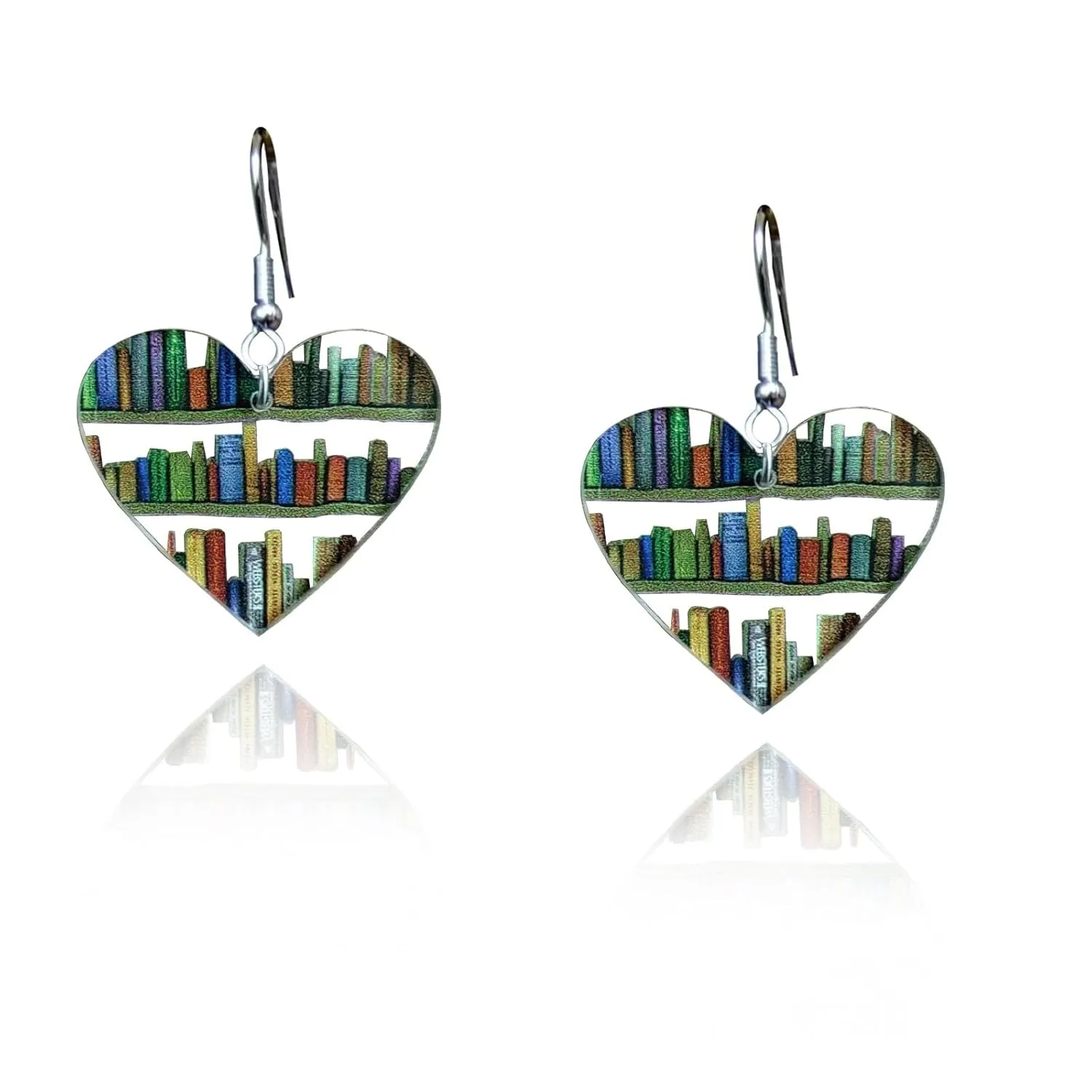 Bookcase Dangle Earrings for Women Teardrop Dangle Earrings with Book Shelves Patterned Acrylic Gifts for Women Girls (heart)