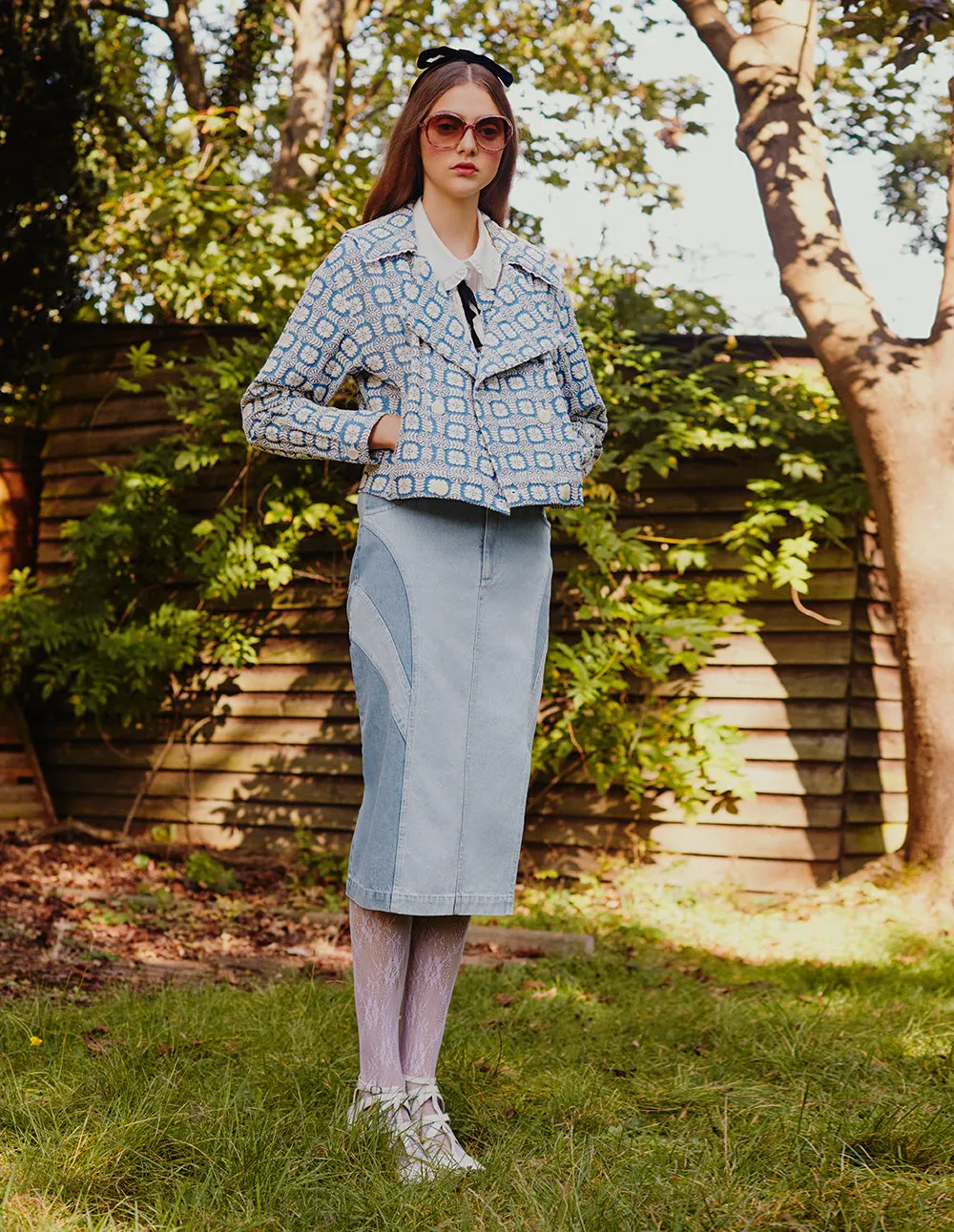 BORA AKSU Versatile Washed Blue Colour Block Slit Denim Skirt