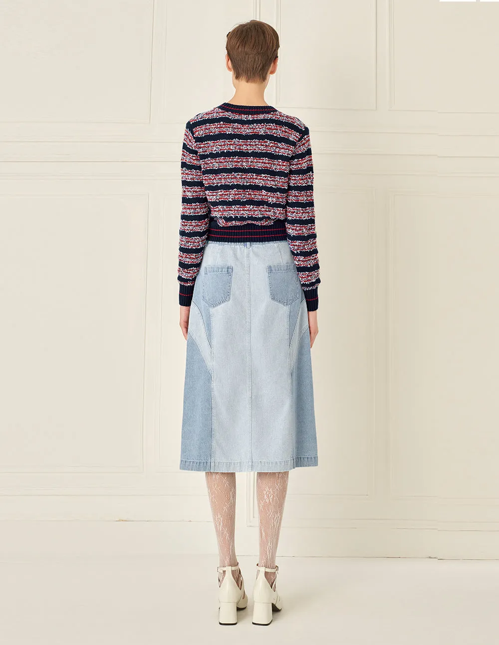 BORA AKSU Versatile Washed Blue Colour Block Slit Denim Skirt