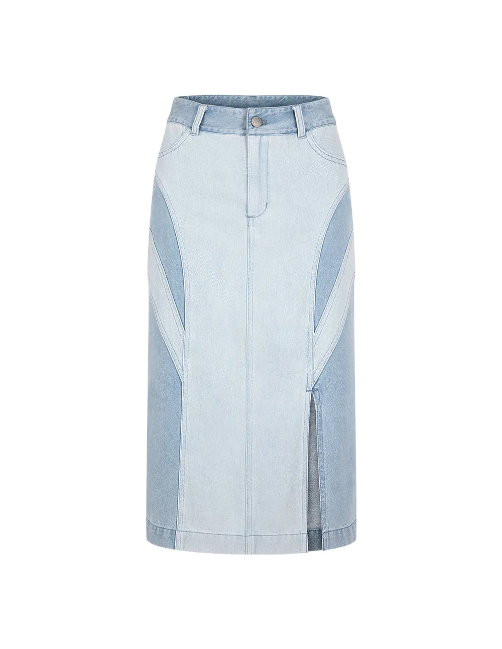 BORA AKSU Versatile Washed Blue Colour Block Slit Denim Skirt